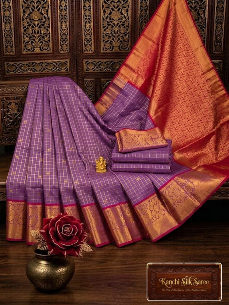 Kanchi Silk gold zari checked lite soft lavendar saree