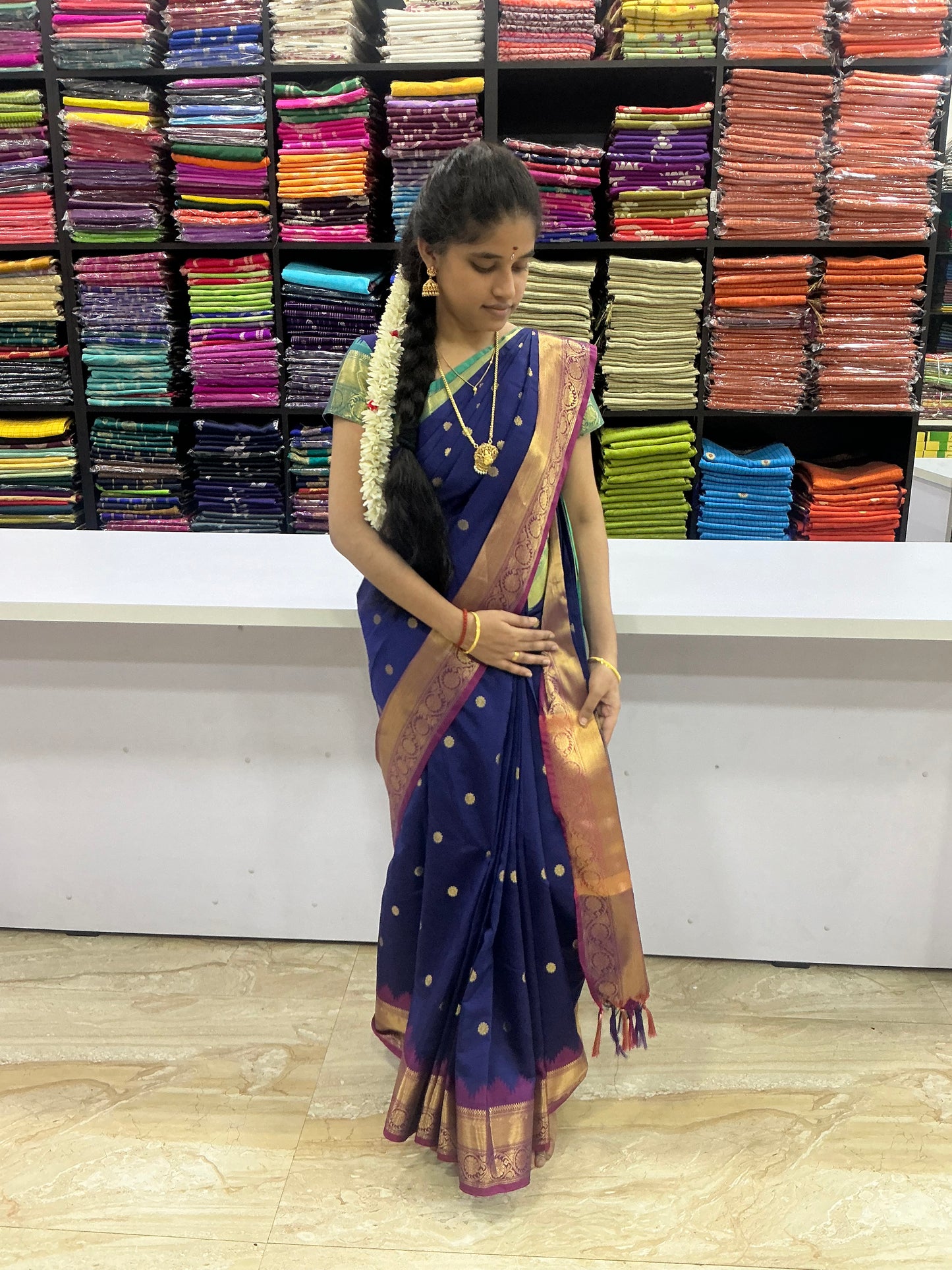 Premium Kanchi Soft Silk Saree – Indigo Blue with Copper Gold Zari Border | Festive Silk Saree | Sri Nandhini Tex | SNTPSN01