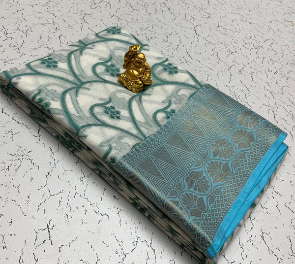 Semi Kanchipuram Soft Cotton Saree – White with Teal Blue Border