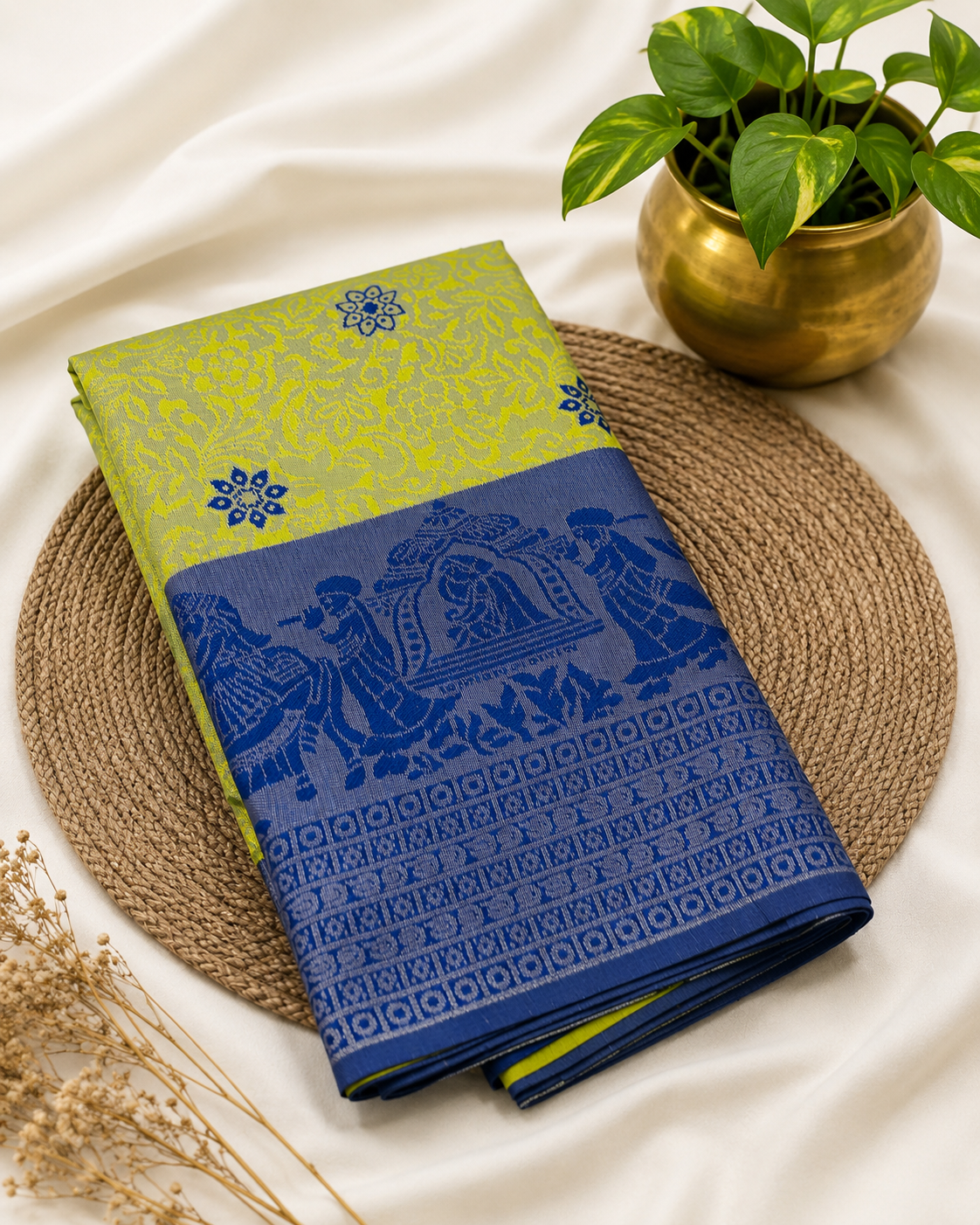 Premium Pallaku Silk Saree – Lime Green with Royal Blue Contrast | Festive Silk Saree | Sri Nandhini Tex | SNTS005
