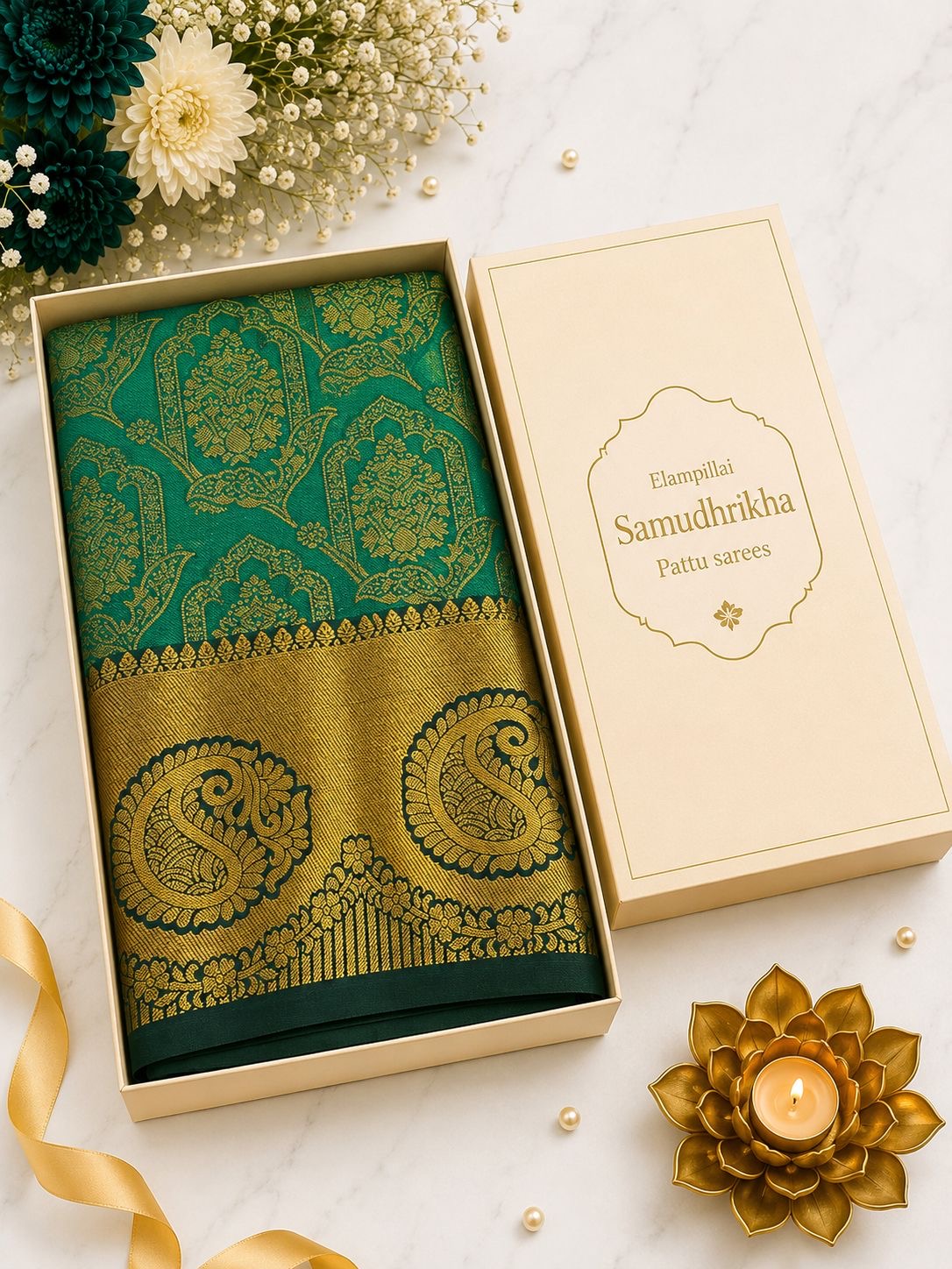 Premium Elampillai Samudhrikha Pattu Saree – Emerald Green with Heritage Gold Border | Traditional Wedding Silk Saree | Sri Nandhini Tex | SNTSP006