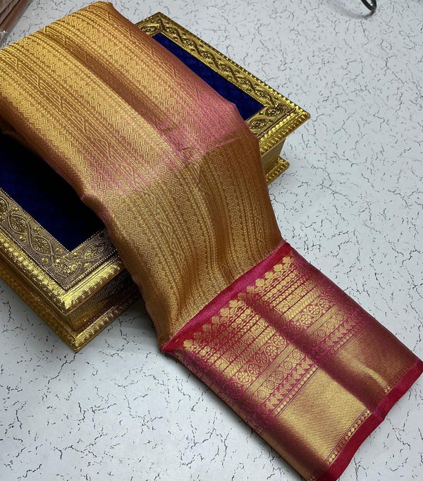 Sneha Inspired Saree – Copper Gold with Red Zari Border
