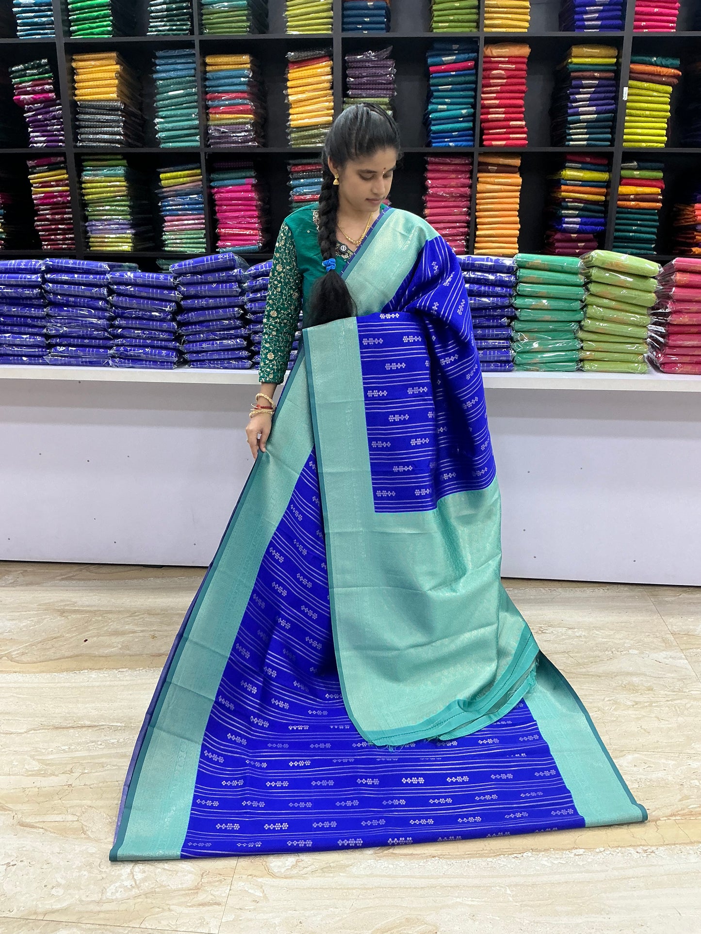 New Arrival Premium Semi Kanchi Silk Saree | Royal Blue with Mint Green Border | Soft Feel Traditional Silk Saree | Sri Nandhini Tex |Code: SNTPSK101