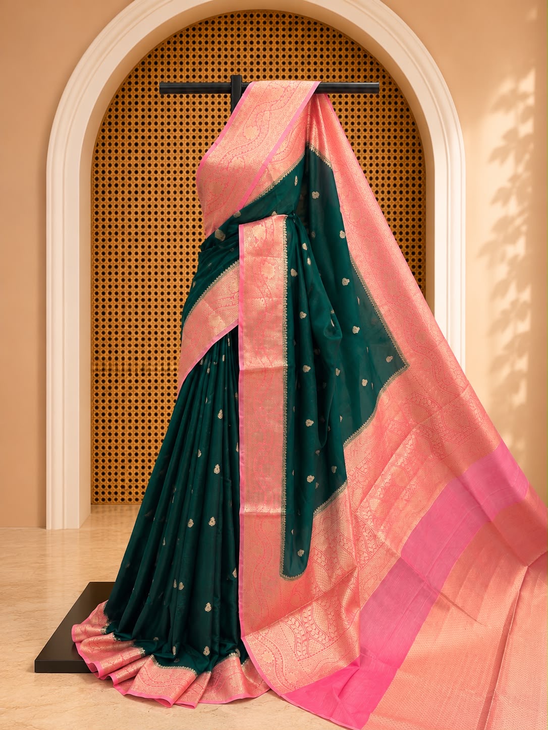 Premium Warm Silk Saree – Forest Green with Rose Pink Border | Elegant Festive Wear | Sri Nandhini Tex | SNTS003