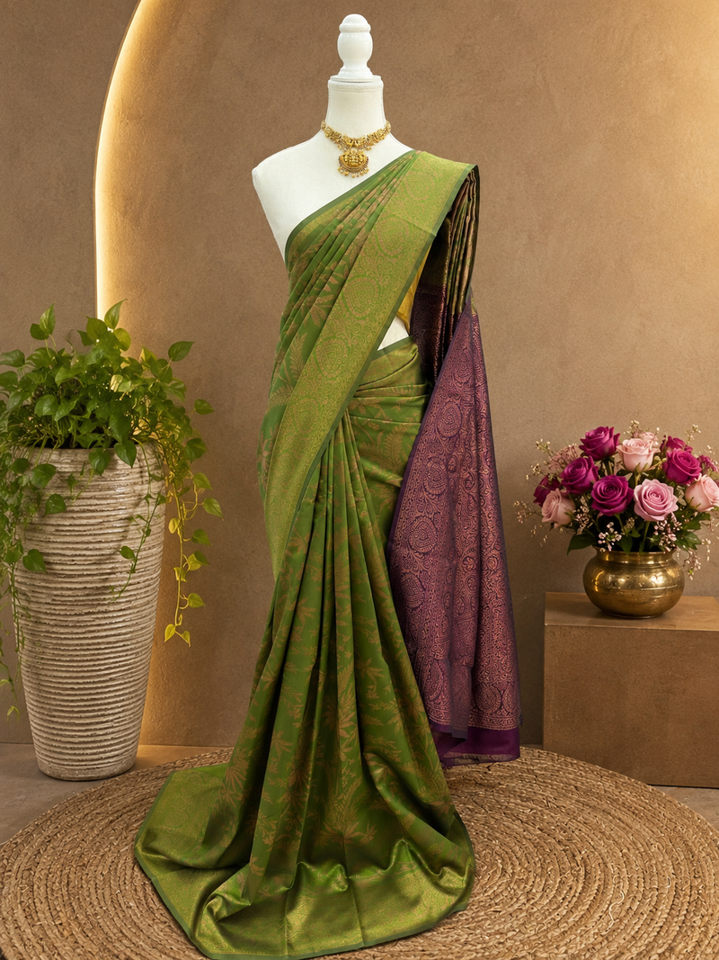 Latest Semi Kanchi Soft Silk Saree – Leaf Green with Royal Purple Rich Pallu | Sri Nandhini Tex | SNTKS25