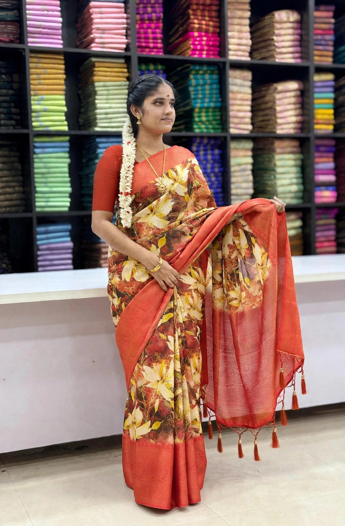 Rust Orange Floral Print Designer Saree with Broad Border & Tassel Pallu | SNTFL103 | Sri Nandhini Tex