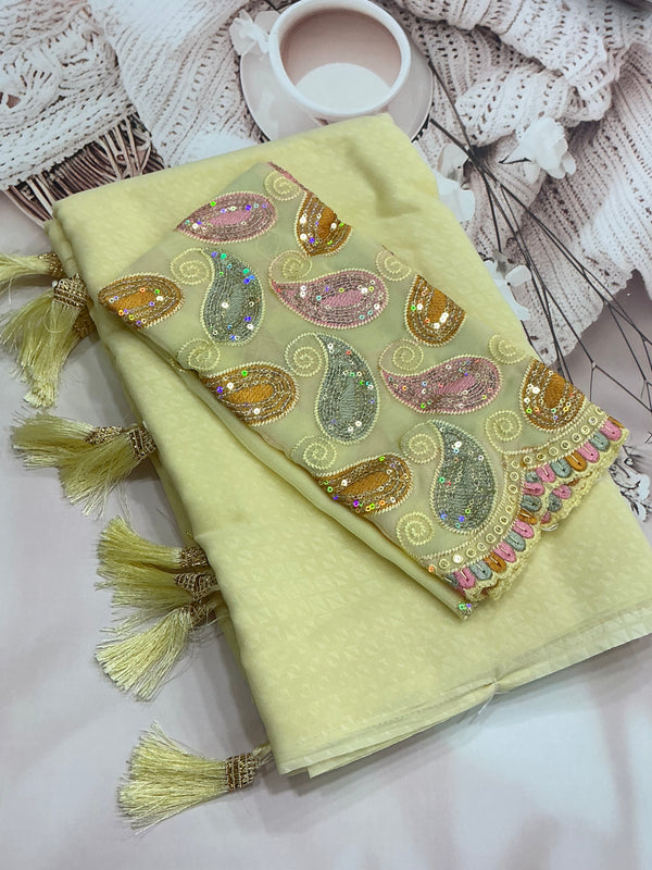 Fancy saree - georgette- butter yellow