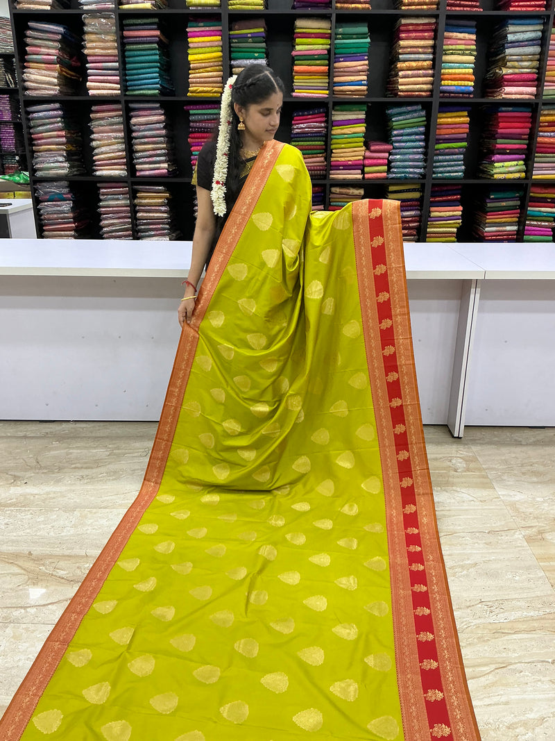 Premium Semi Kanchi Soft Silk Saree – Lime Green with Coral Red Contrast Border | Festive Silk Saree | Sri Nandhini Tex | SNTKS12