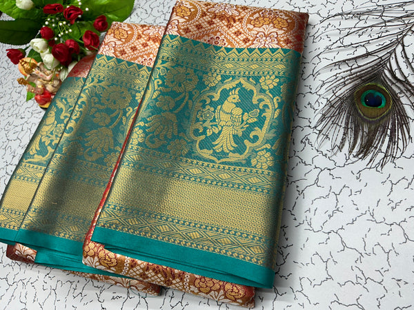2 Gram Bridal Saree – Antique Copper Border with Rich Peacock Butta