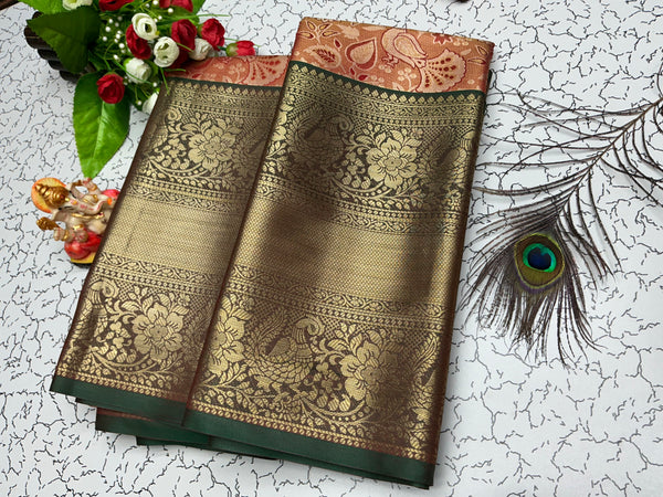2 Gram Bridal Saree – Antique Gold Floral Zari with Mehendi Green Body