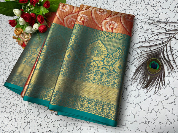 2 Gram Bridal Saree – Aqua Blue with Rust Floral Top and Paisley Pallu