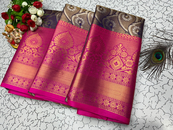 2 Gram Bridal Saree – Bright Pink with Leaf Motif and Dark Gold Rich Pallu