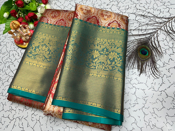 2 Gram Bridal Saree – Floral Brocade with Red-Green Contrast Border