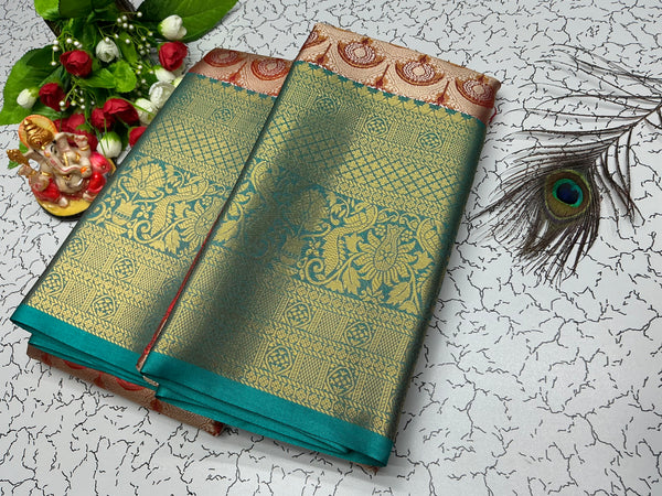 2 Gram Bridal Saree – Greenish Blue with Reddish Pallu and Heavy Floral Weave