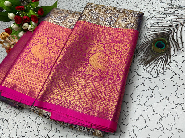 2 Gram Bridal Saree – Magenta Pink with Gold Peacock Zari and Floral Border
