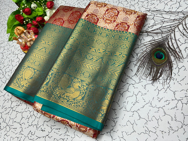 2 Gram Bridal Saree – Peacock Green with Reddish Beige Top Border and Full Butta