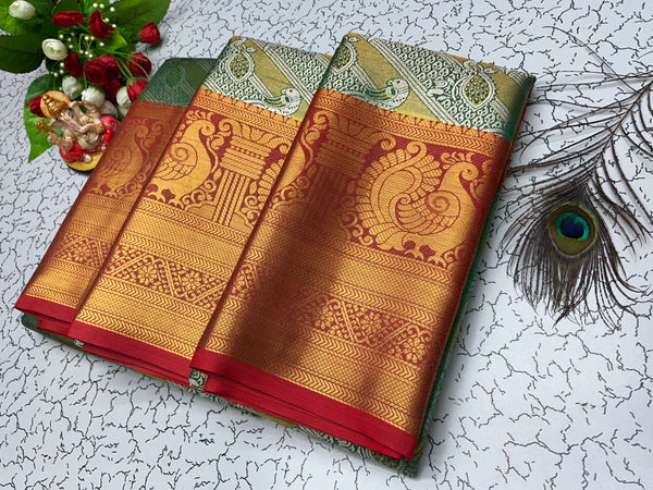 2 Gram Bridal Saree – Red Body with Elephant Motif and Leaf Pallu