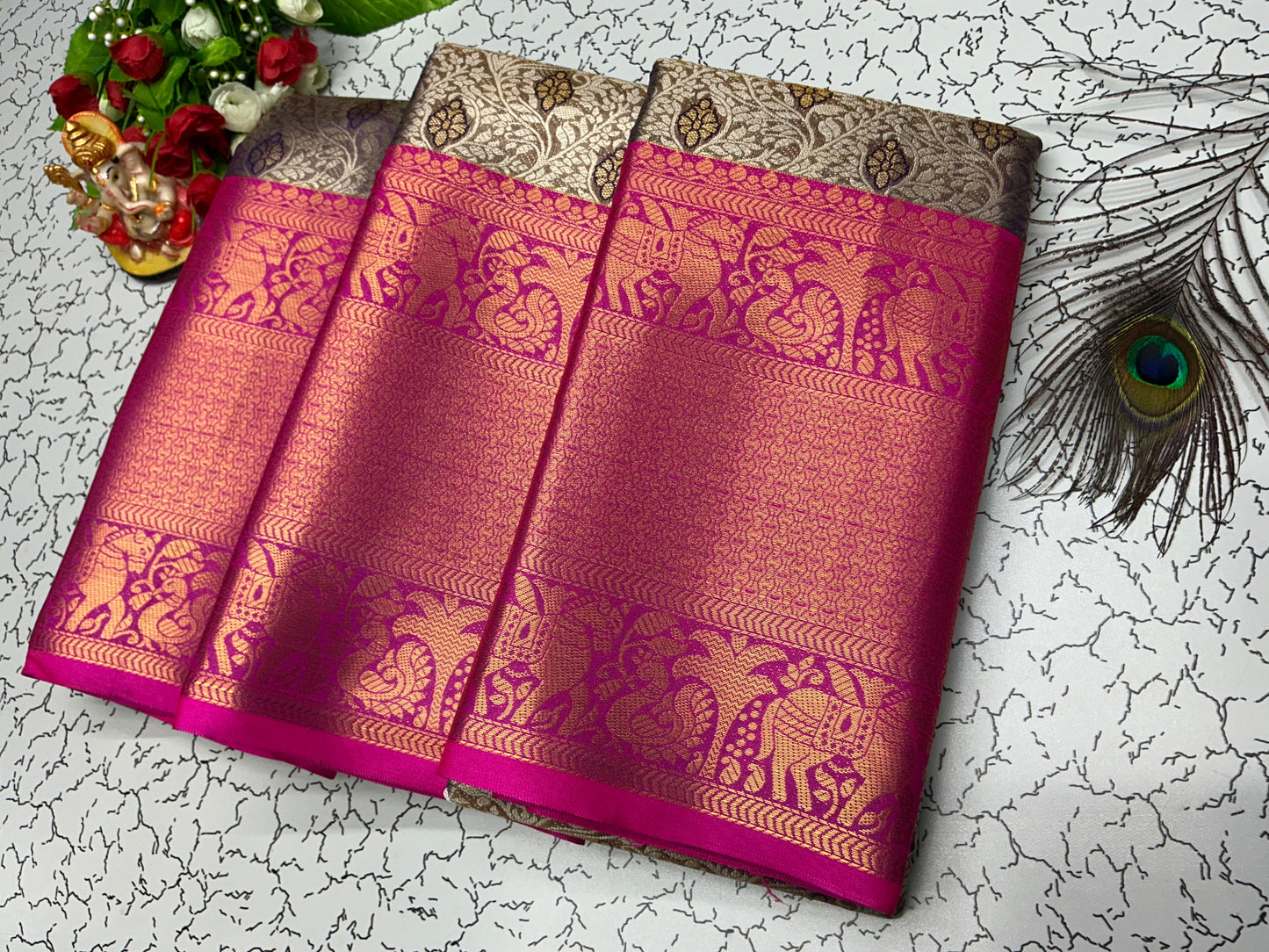 2Gram Bridal Silk Saree – Rani Pink with Beige Elephant and Floral Border