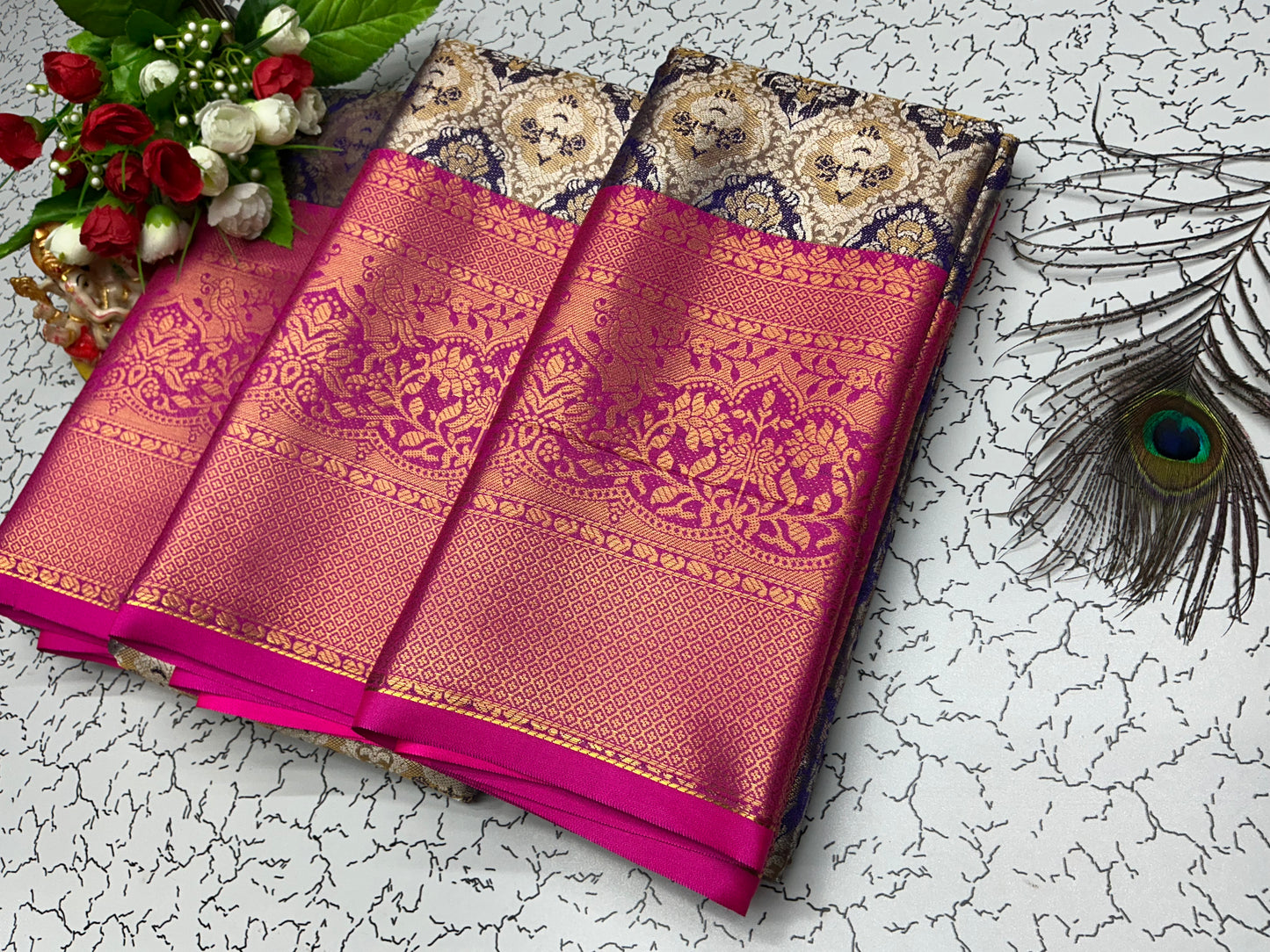 2Gram Bridal Silk Saree – Rani Pink with Beige Floral and Peacock Zari Work