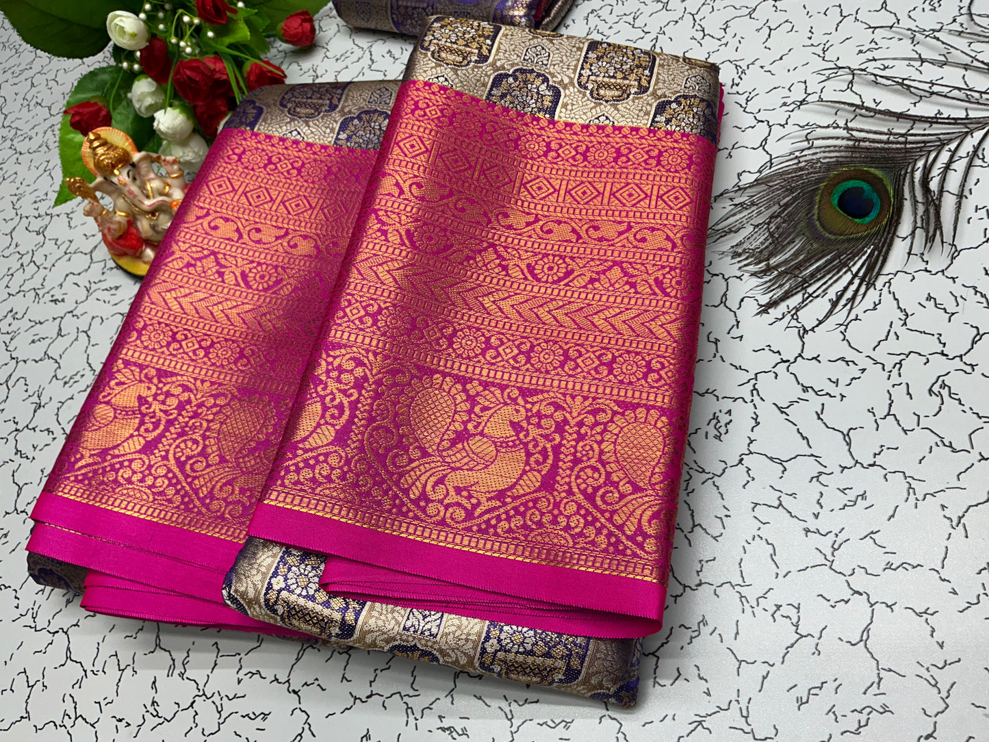2Gram Bridal Silk Saree – Rani Pink with Royal Blue Zari and Peacock Motif