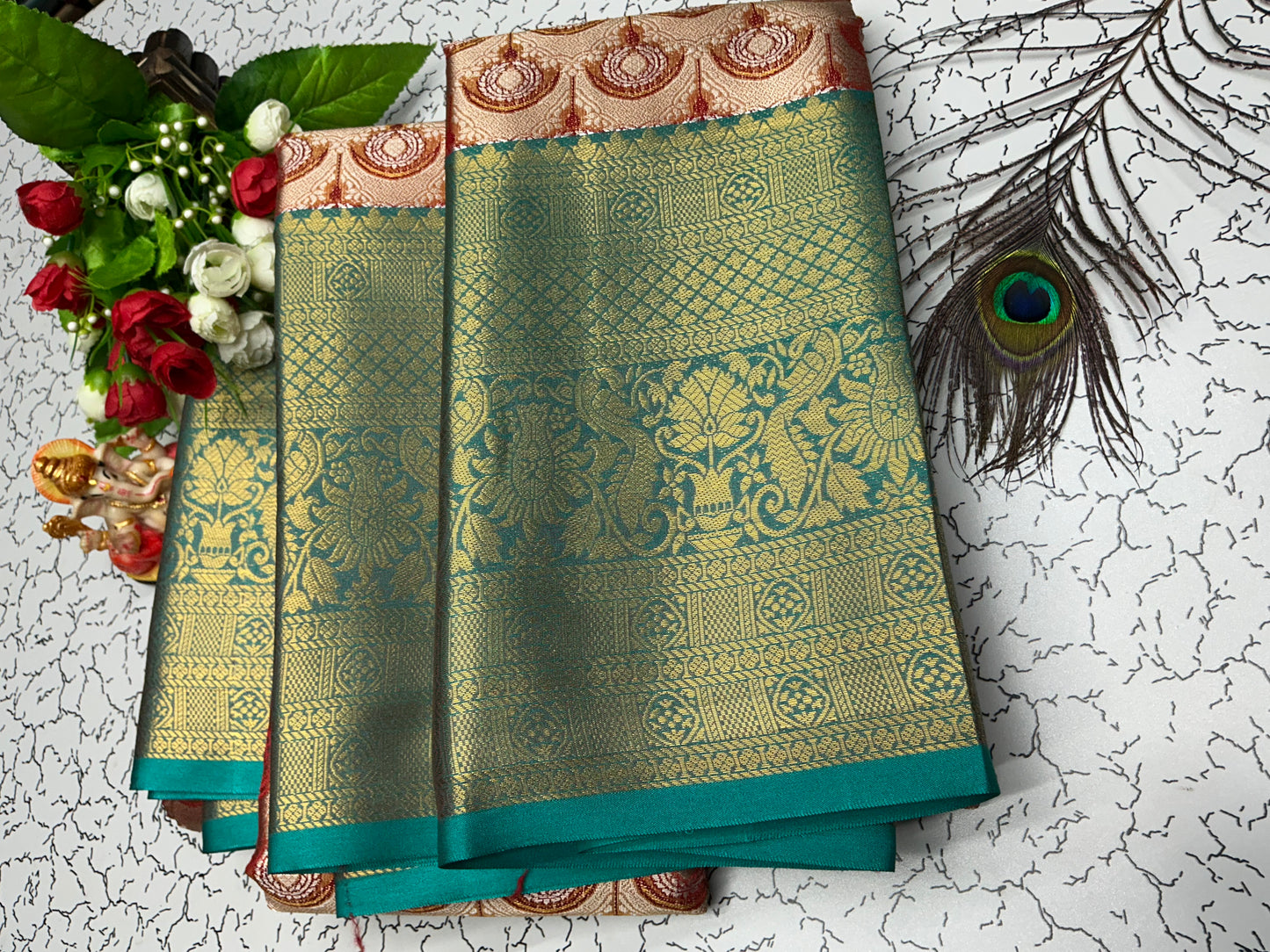 2Gram Bridal Silk Saree – Teal Green with Copper Zari and Circular Temple Motif