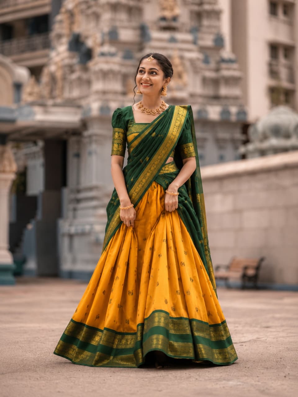Traditional Elampillai Half Saree Set – Mustard Yellow & Green Pavadai Dhavani | Sri Nandhini Tex