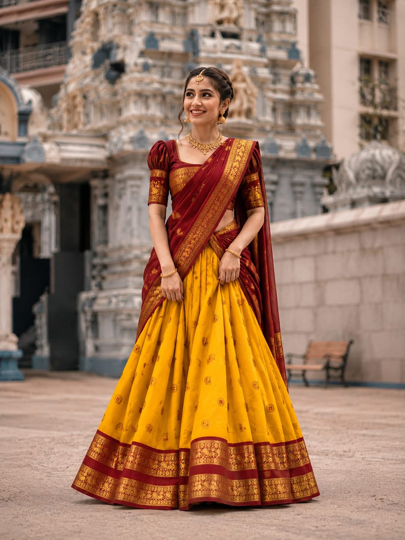 Traditional Elampillai Half Saree Set – Mustard Yellow & Maroon Wedding Collection | Sri Nandhini Tex