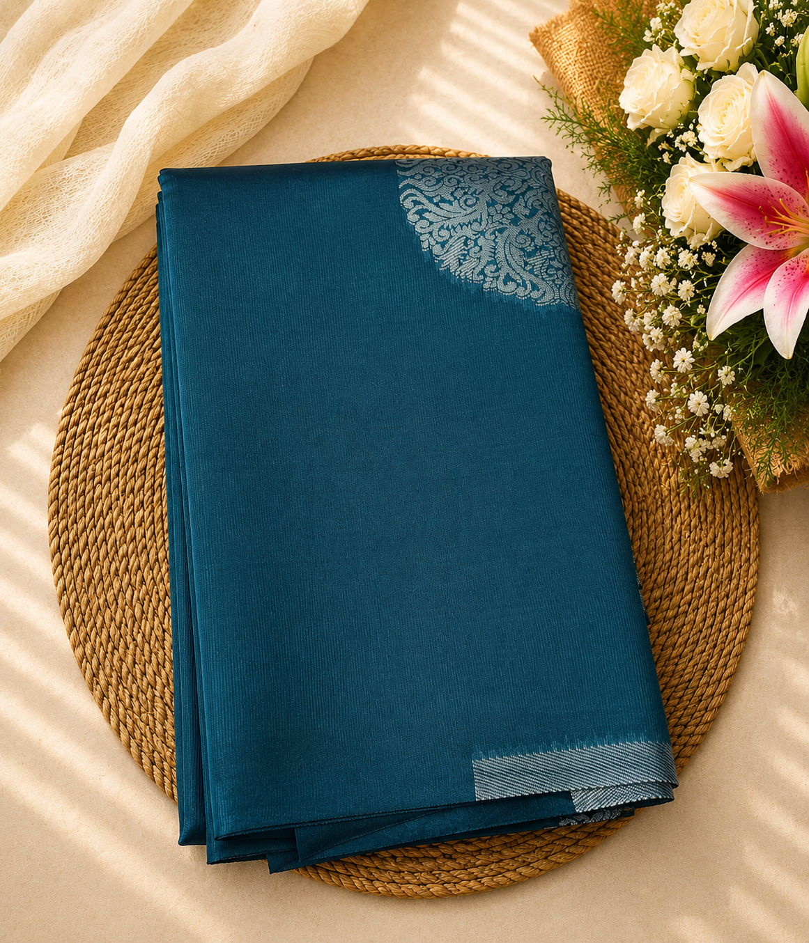 Semi Soft Silk Offer Saree | Petrol Blue | Elegant Silver Zari Corner | Sri Nandhini Tex | Code: SNTAOS11