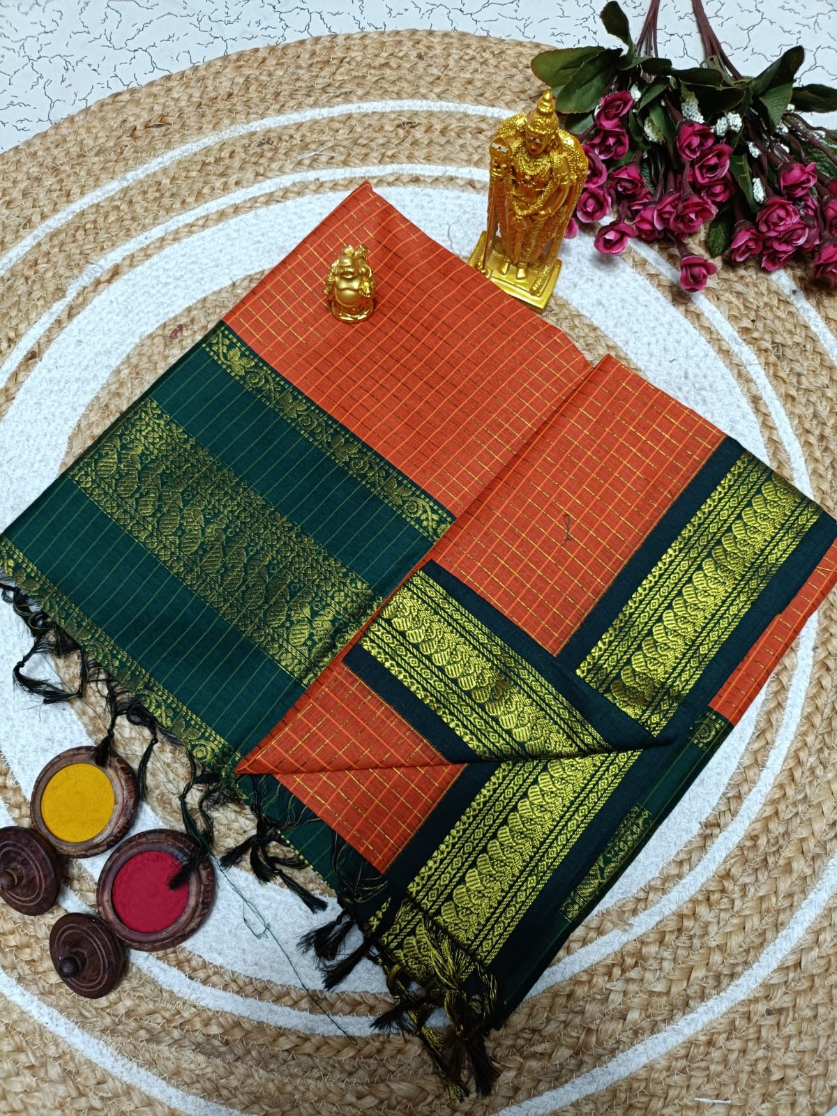 Kalyani Soft Cotton Saree in Bright Orange with Dark Green Zari Border and Classic South Indian Traditional Weaving Design