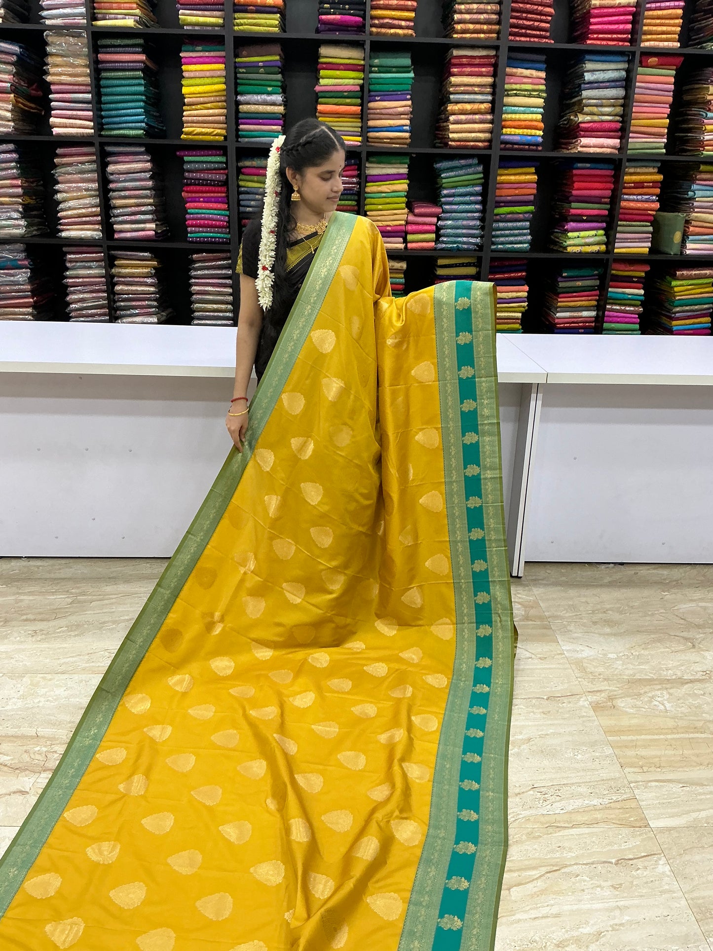 Premium Semi Kanchi Soft Silk Saree – Mustard Yellow with Aqua Green Border | Sri Nandhini Tex | SNTKS18