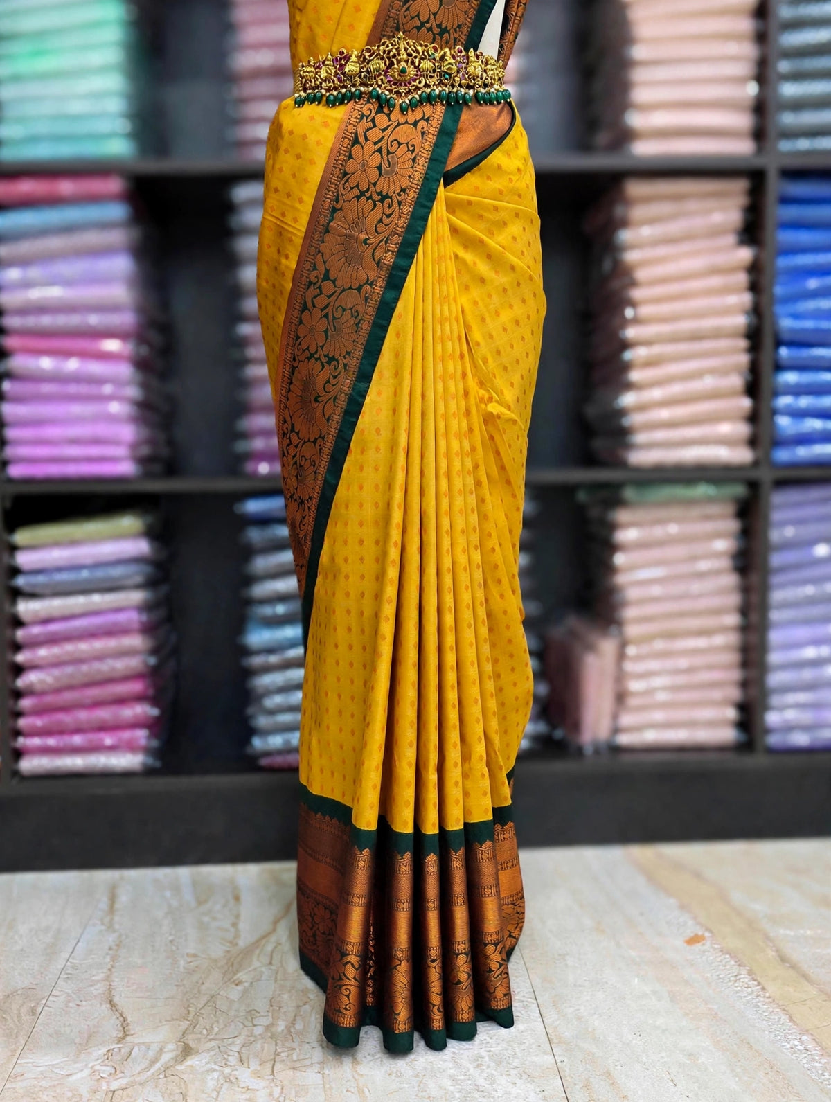 Premium Elampillai Yellow Silk Saree with Bottle Green Contrast Floral Zari Border | Wedding & Festive Collection | SNTYS001