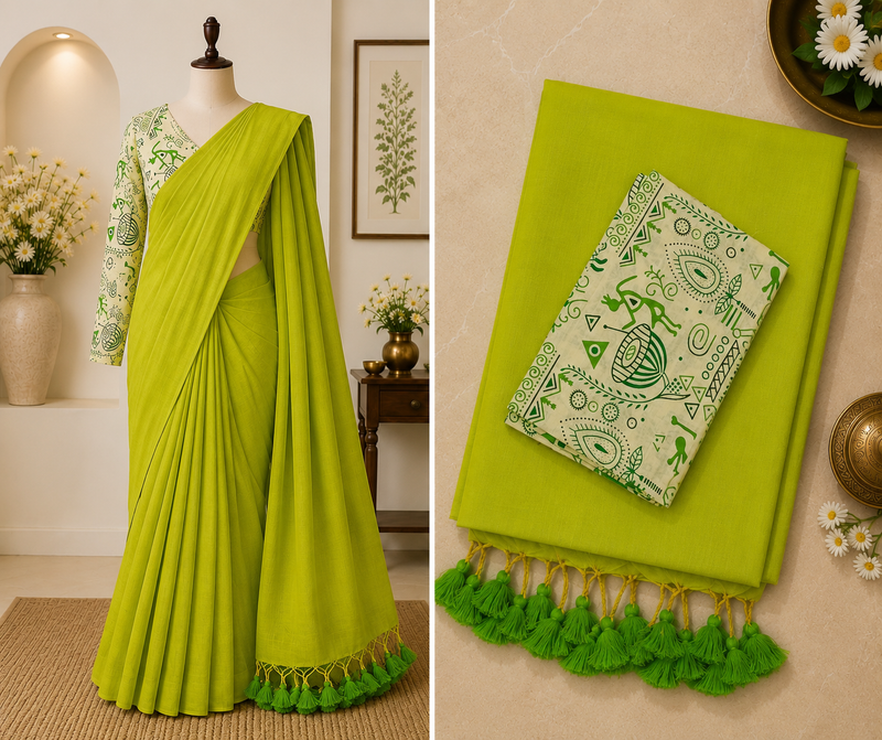 Khadi Cotton Saree with Kalamkari Blouse | Lime Green | Sri Nandhini Tex | Code: SNTCK107