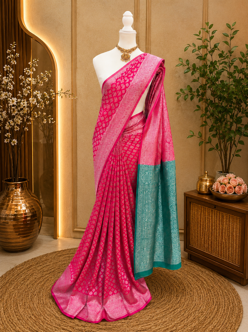 Premium Semi Silk Saree – Rani Pink with peacock green  Silver Zari Weaving | Sri Nandhini Tex | SNTSS05