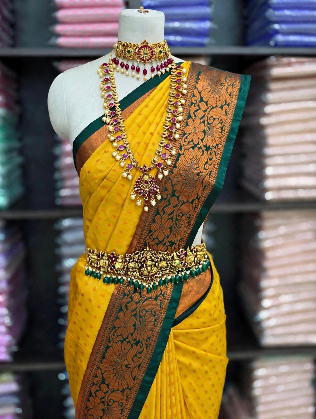 Premium Elampillai Yellow Silk Saree with Bottle Green Contrast Floral Zari Border | Wedding & Festive Collection | SNTYS001