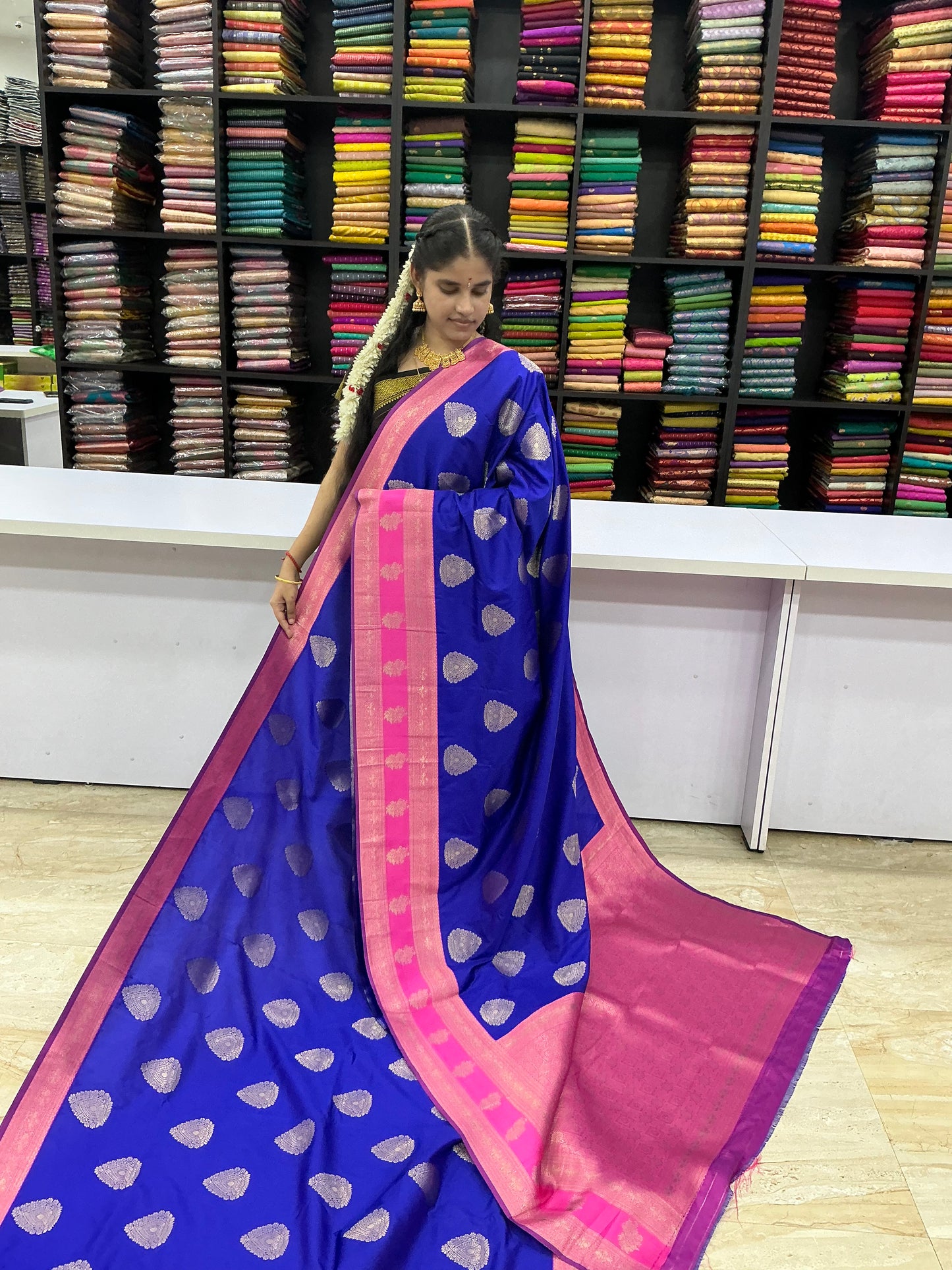 Premium Semi Kanchi Soft Silk Saree – Royal Blue with Orchid Pink Border | Elegant Silk Saree | Sri Nandhini Tex | SNTKS15