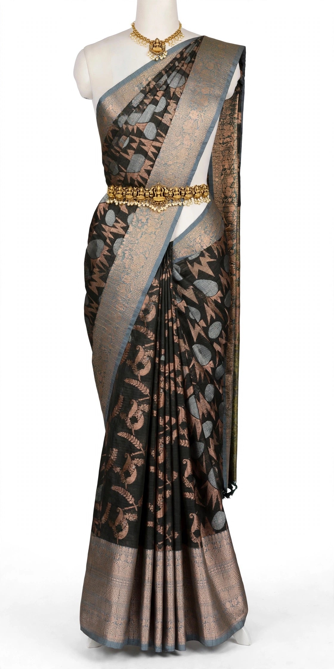 Magic Silk Saree – Black with Grey & Antique Gold Zari Border, Peacock & Geometric Motifs | Sri Nandhini Tex | SNTMGS004
