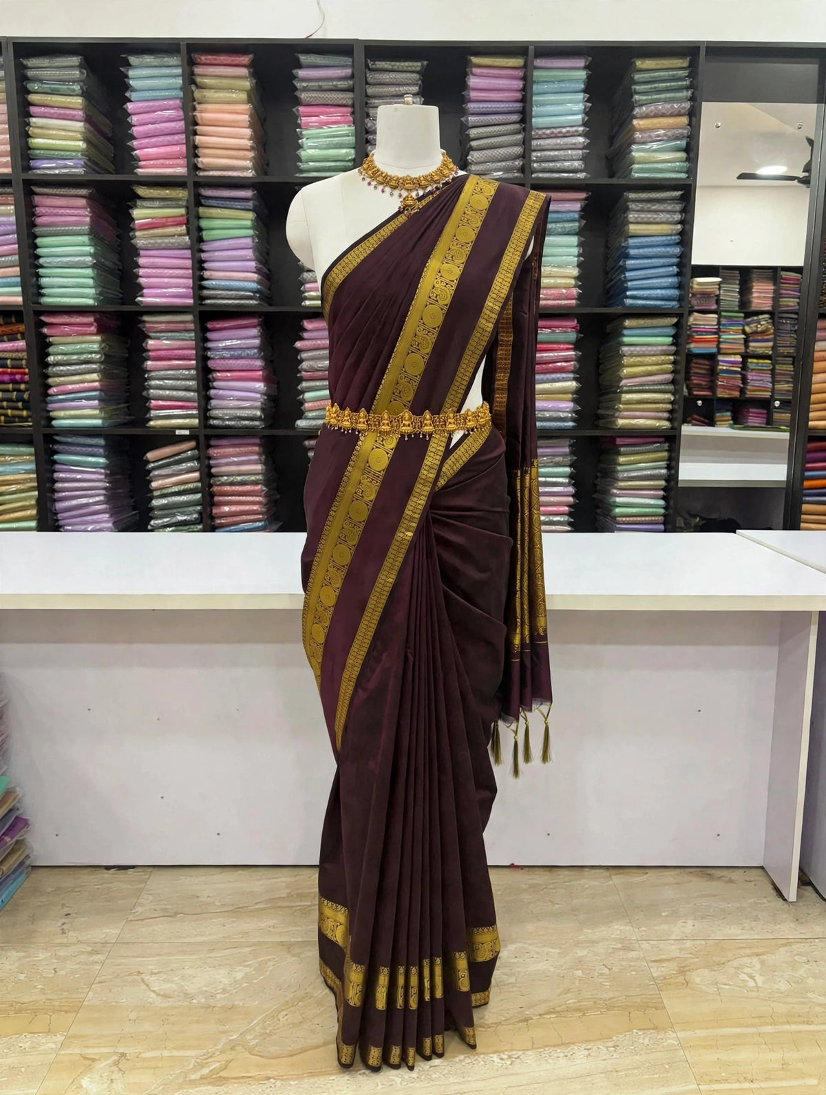 Trending Burgundy Banaras Soft Silk Saree – Elegant Gold Zari Border SNTBSS630| Sri Nandhini Tex
