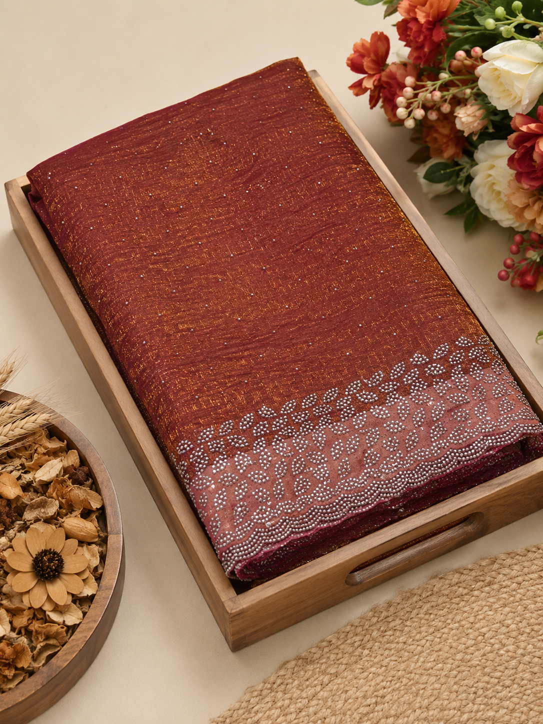 Premium Space Silk Saree – Brick Red with Silver stone Leaf Border | Traditional Wedding Silk Saree | Sri Nandhini Tex | SNTLS01