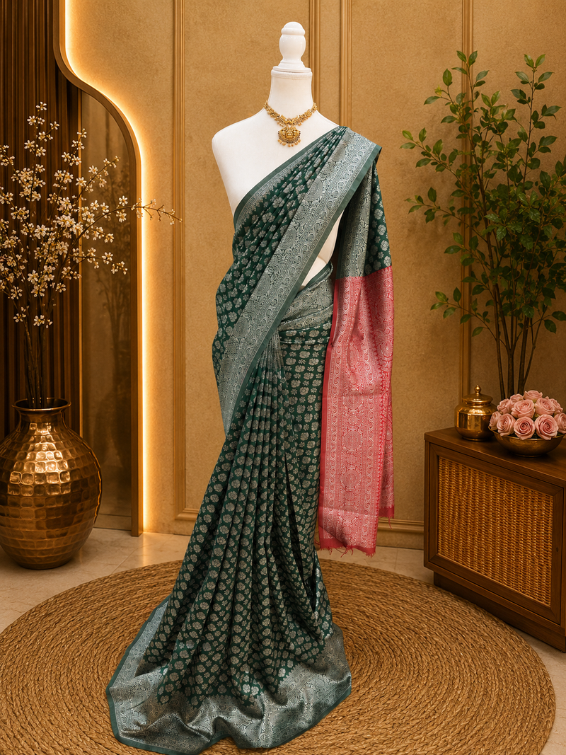 Premium Semi Silk Saree – Bottle Green with red.  Silver Zari Weaving | Sri Nandhini Tex | SNTSS03