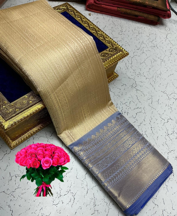 Sneha Inspired Saree – Light Beige with Silver Blue Border