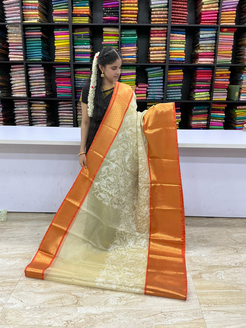 Premium Tissue Soft Silk Saree – Ivory Gold with Tangerine Orange Border | Festive Silk Saree | Sri Nandhini Tex | SNTBTS01