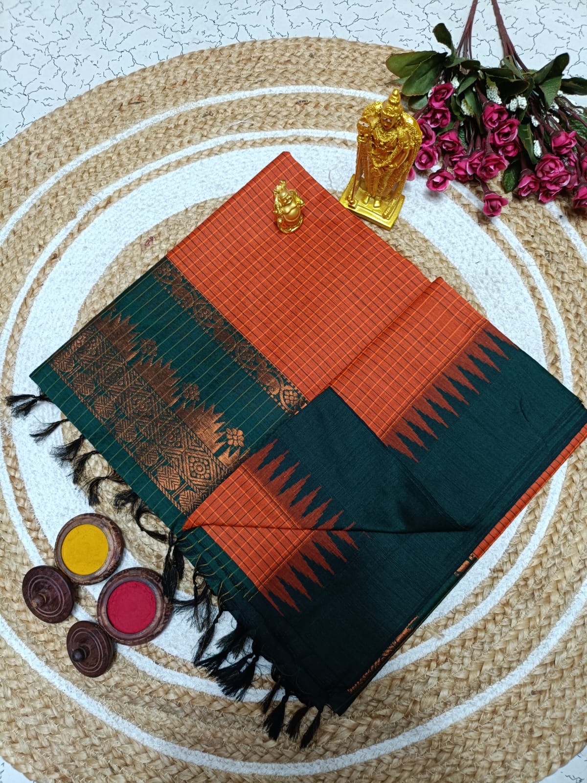 Kalyani Cotton Saree in Rust Orange with Bottle Green Contrast Border and Traditional Zari Weaving Pallu for Ethnic Collection