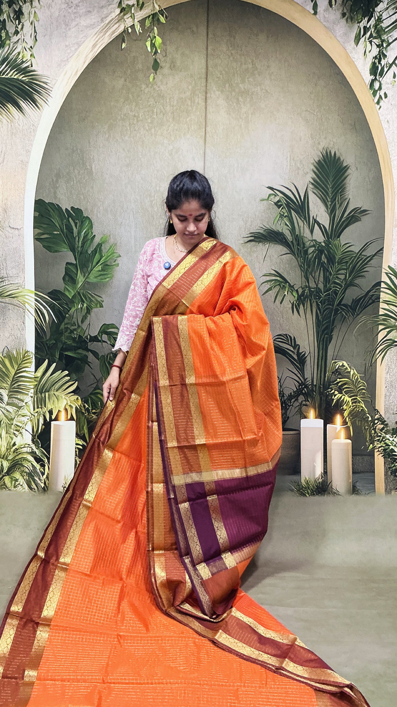 Premium Banaras Soft Silk Saree – Orange Body with Coffee Brown Zari Border | Traditional Rich Design | Sri Nandhini Tex | SNTBSS027