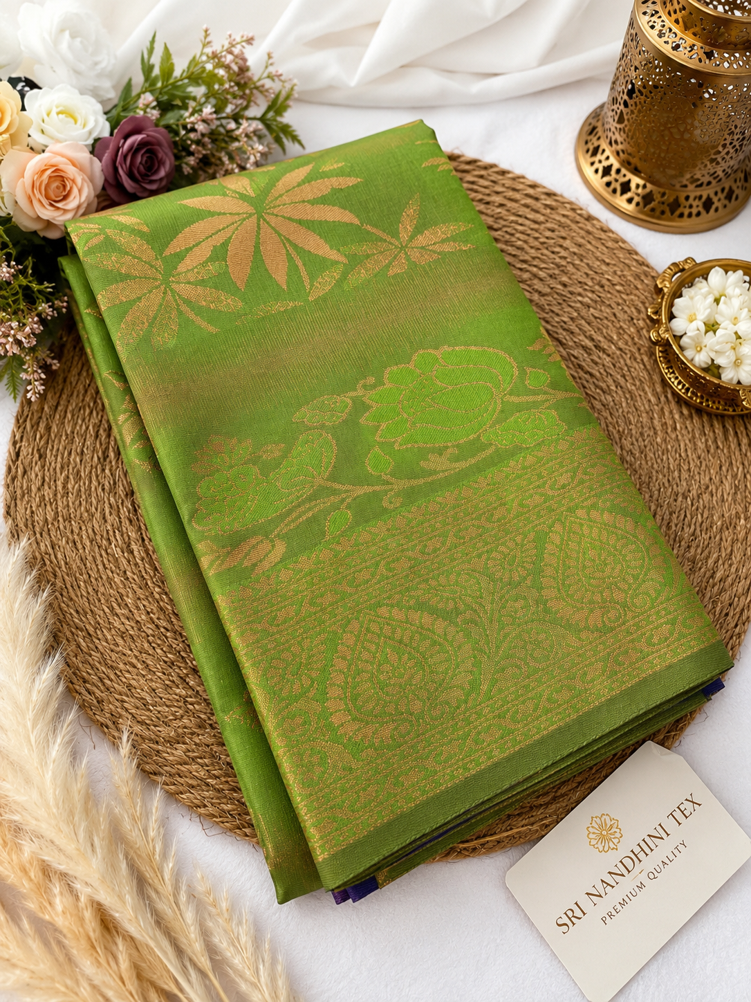 Latest Semi Kanchi Soft Silk Saree – Leaf Green with Royal Purple Rich Pallu | Sri Nandhini Tex | SNTKS25