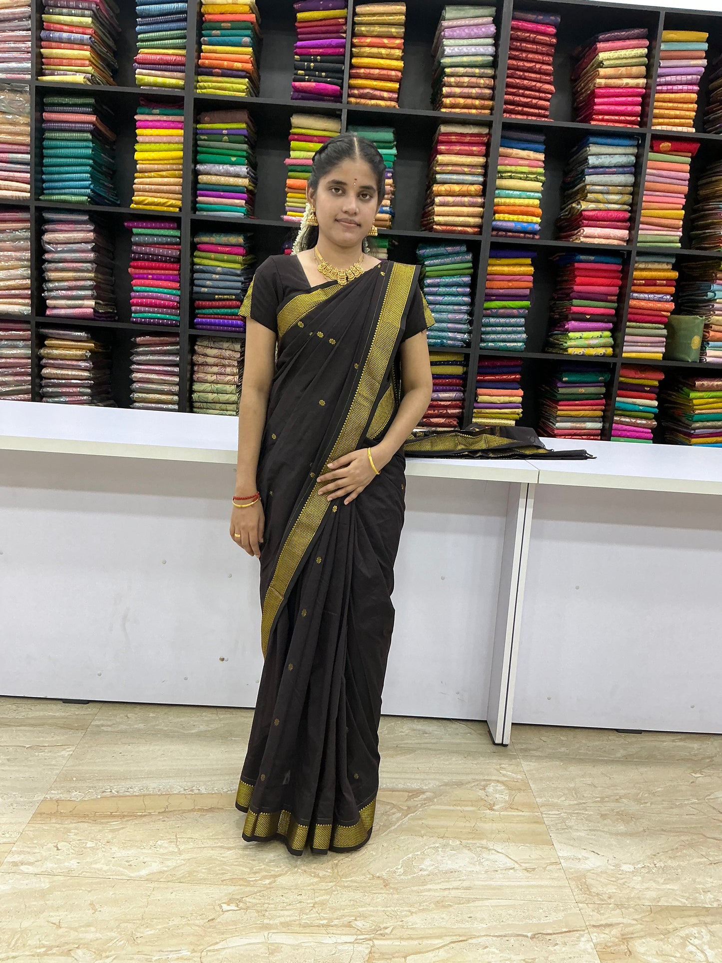 Premium Kalyani Cotton Saree – Coffee Brown with Antique Gold Zari Border | Festive Cotton Saree | Sri Nandhini Tex | KCS001