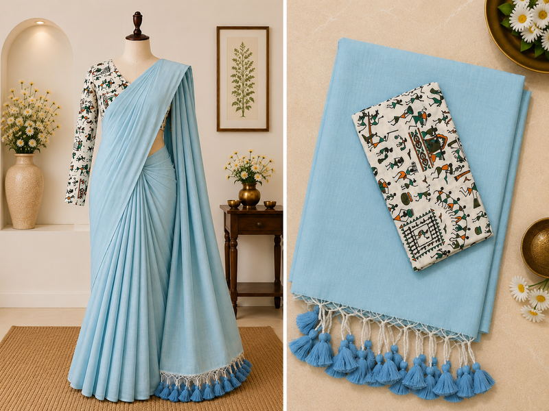 Cotton Saree with Kalamkari Blouse | Sky Blue | Sri Nandhini Tex | Code: SNTCK101