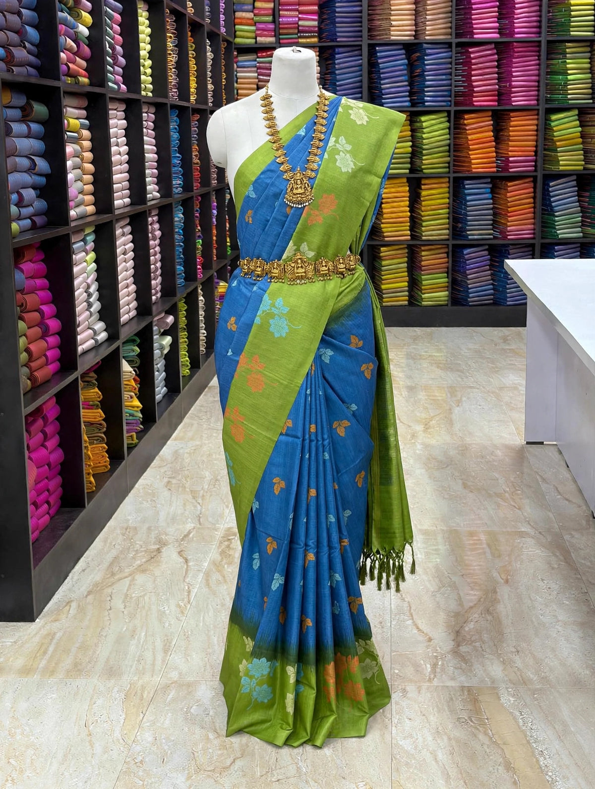 Tussar Soft Silk Saree | Floral Printed Soft Silk Saree | Elegant Contrast Pallu Saree | Sri Nandhini Tex
