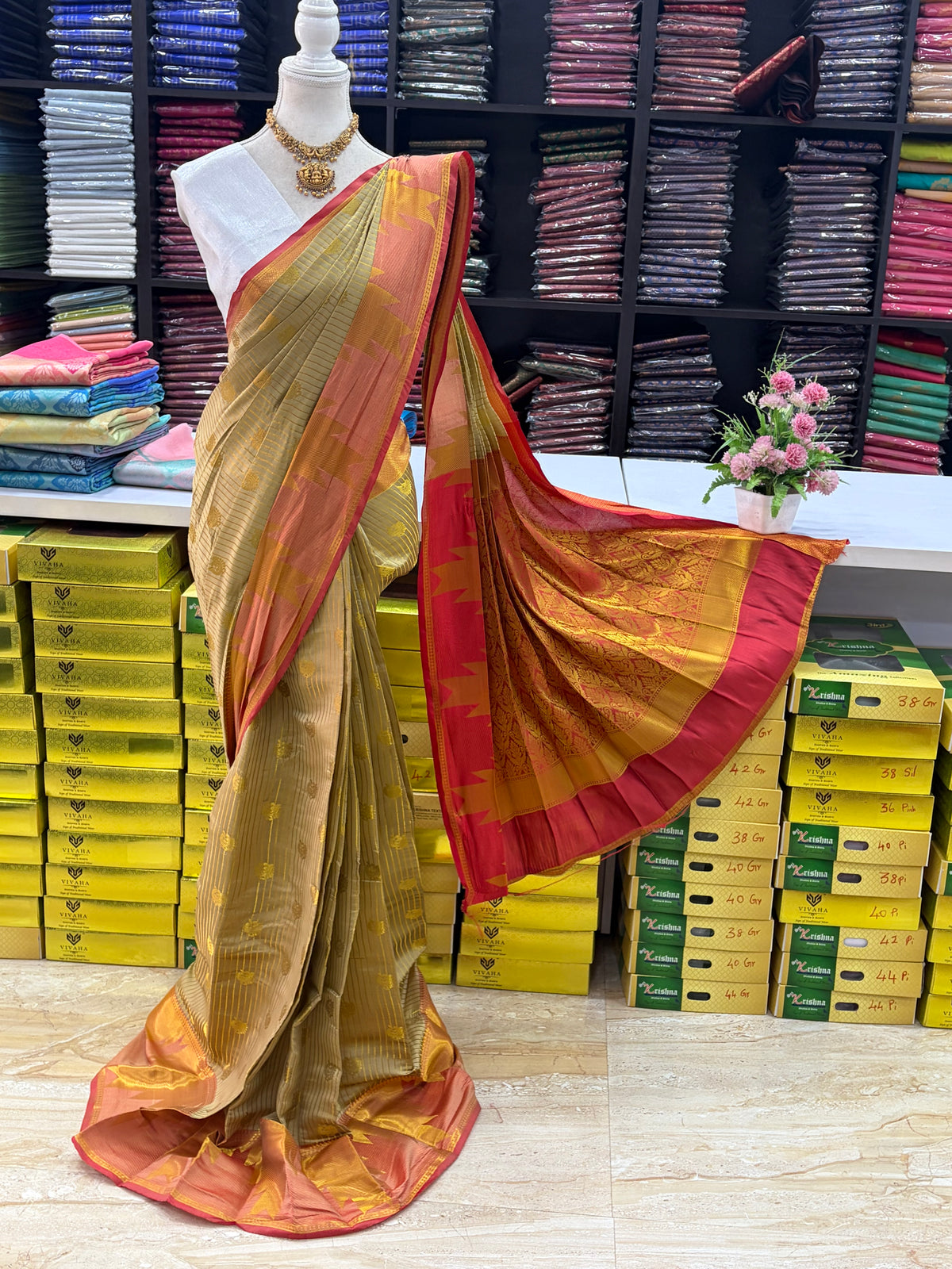 Premium Semi Silk Saree – Taupe Gold with Red Contrast Pallu | ₹550 | Sri Nandhini Tex | Code: SNTSLS001