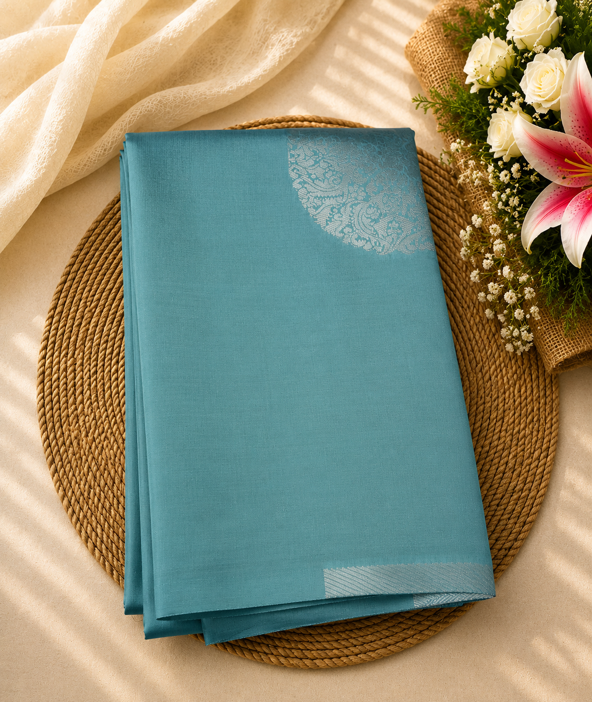 Semi Soft Silk Offer Saree | Sky Blue | Classic Silver Zari Weaving | Sri Nandhini Tex | Code: SNTAOS09