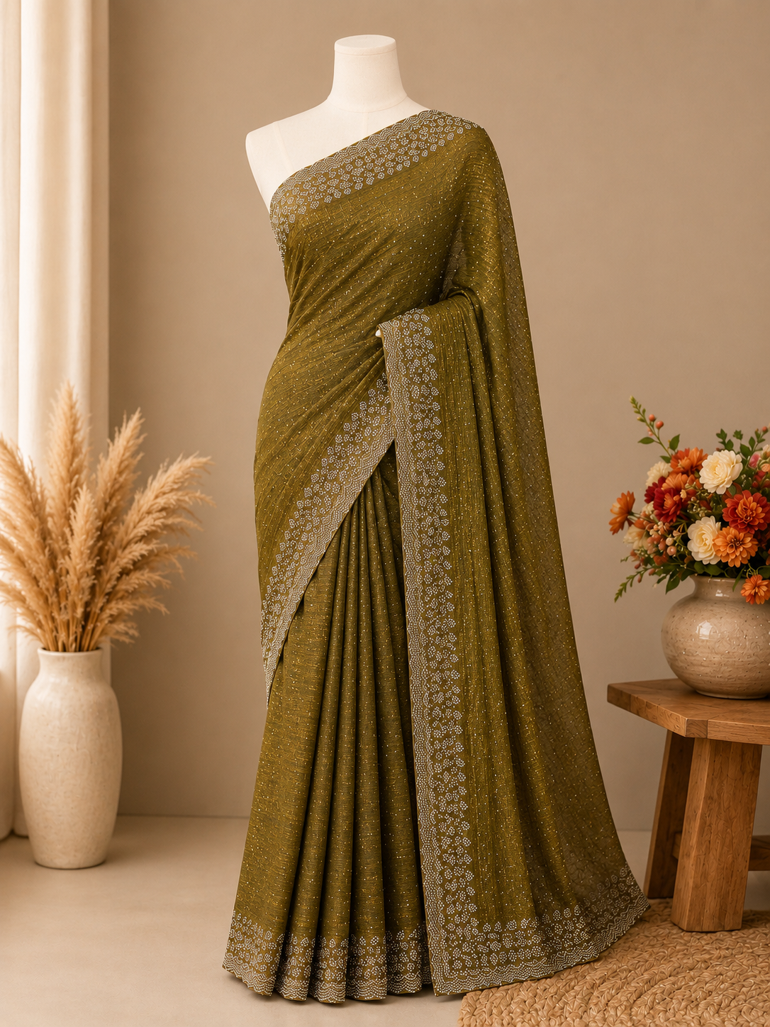 Premium Space Silk Saree – Olive Green with Elegant Silver Stone | Festive Silk Saree | Sri Nandhini Tex | SNTLS07